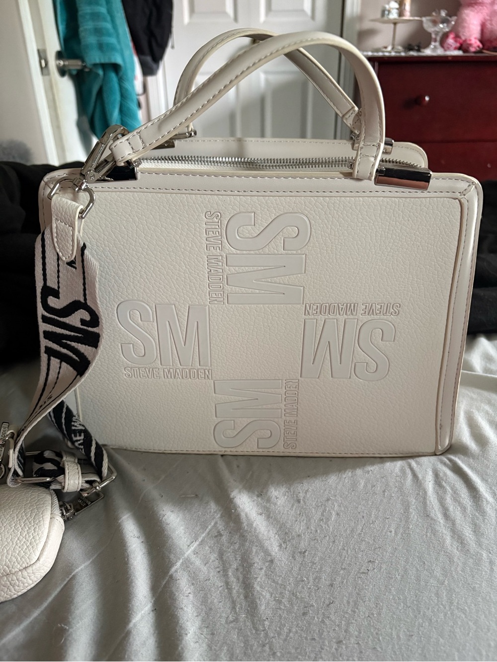 Steve Madden White Embossed SM Satchel with Logo Strap